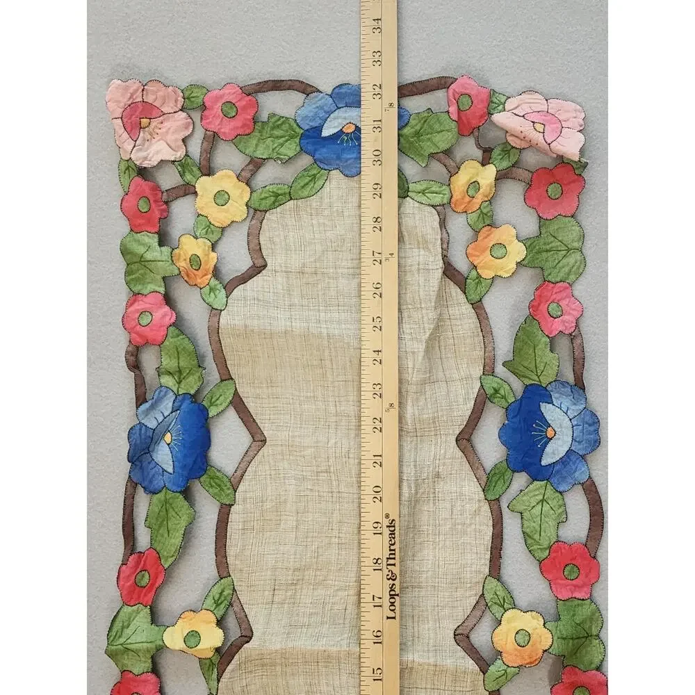Vintage Embroidered Floral Table Runner Tan Center Multicolor Scalloped Edge
